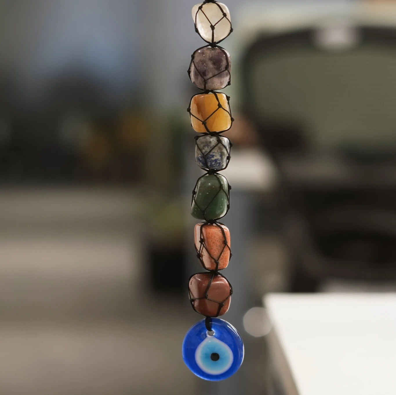 Natural Sevan Chakra Tumble Stone Hanging With Evil Eye Protection