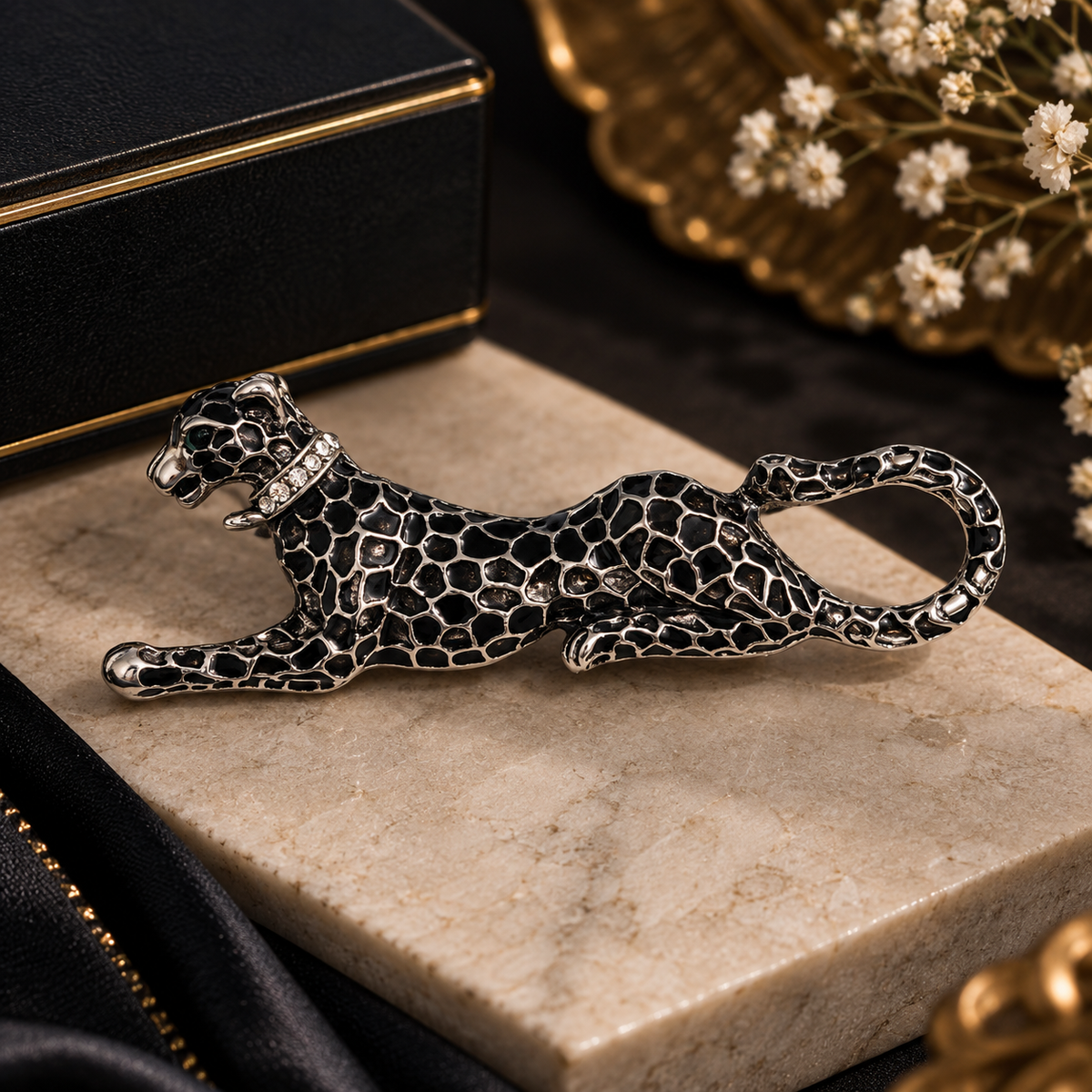 Oxidised Silver Panther Brooch with Crystal Collar