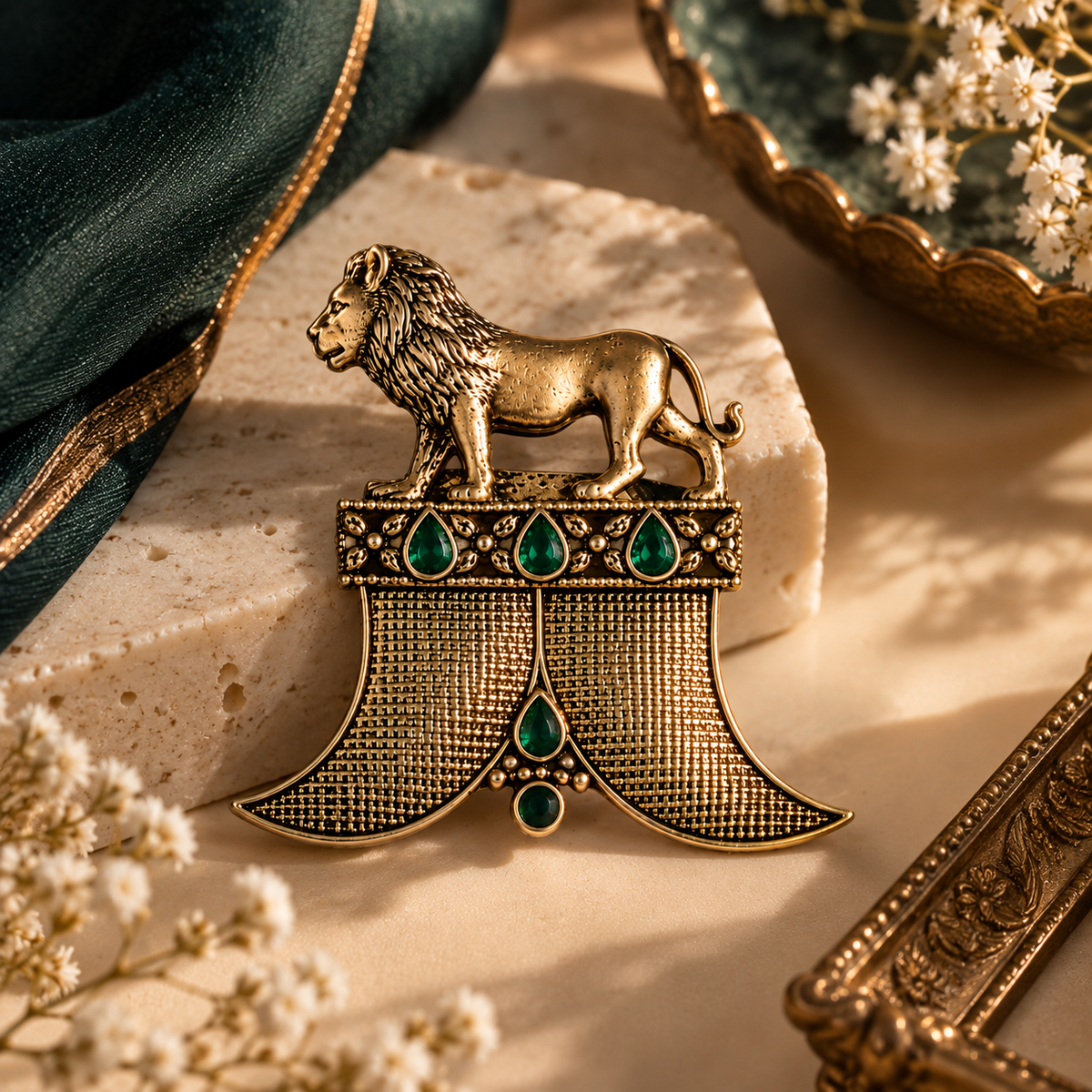 Antique Gold Royal Lion Brooch with Emerald Green Stones