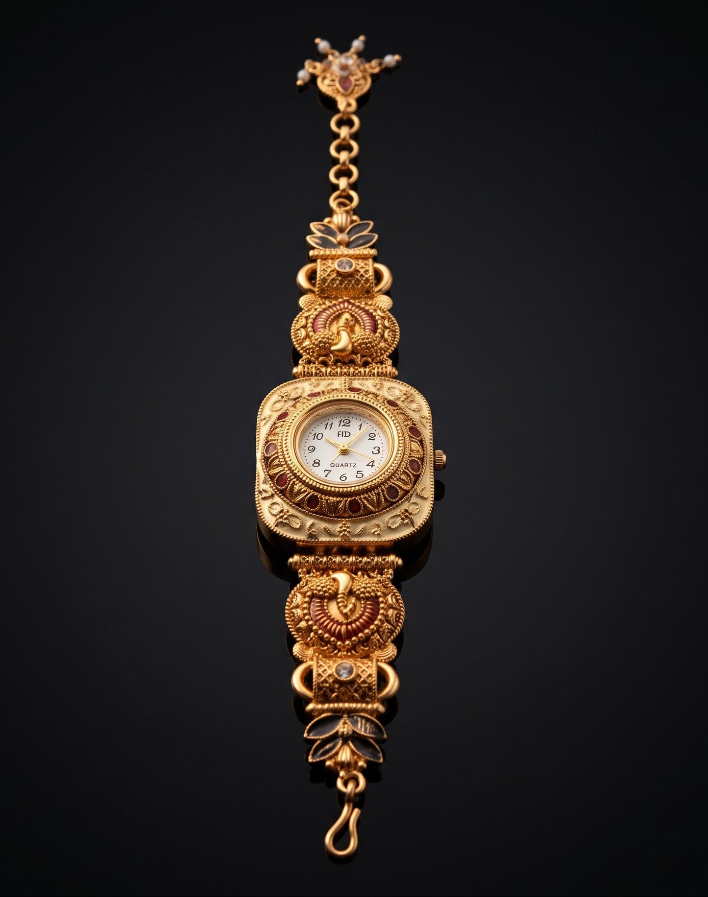 Temple Style Peacock Ivory Enamel Watch Bracelet
