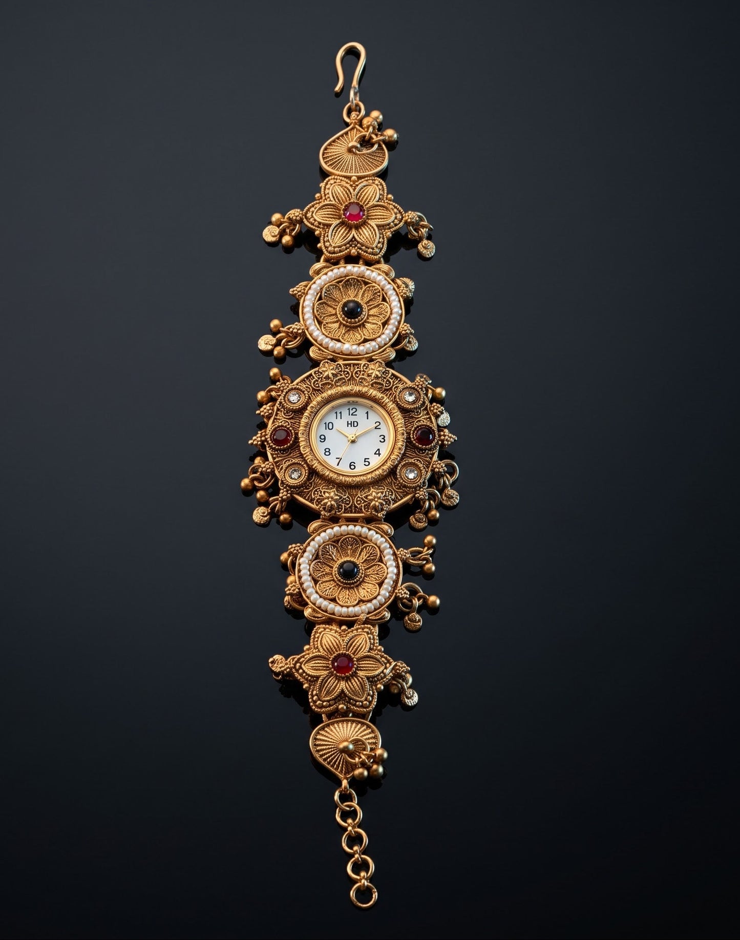 Temple Style Onyx Pearl Ghungroo Watch Bracelet