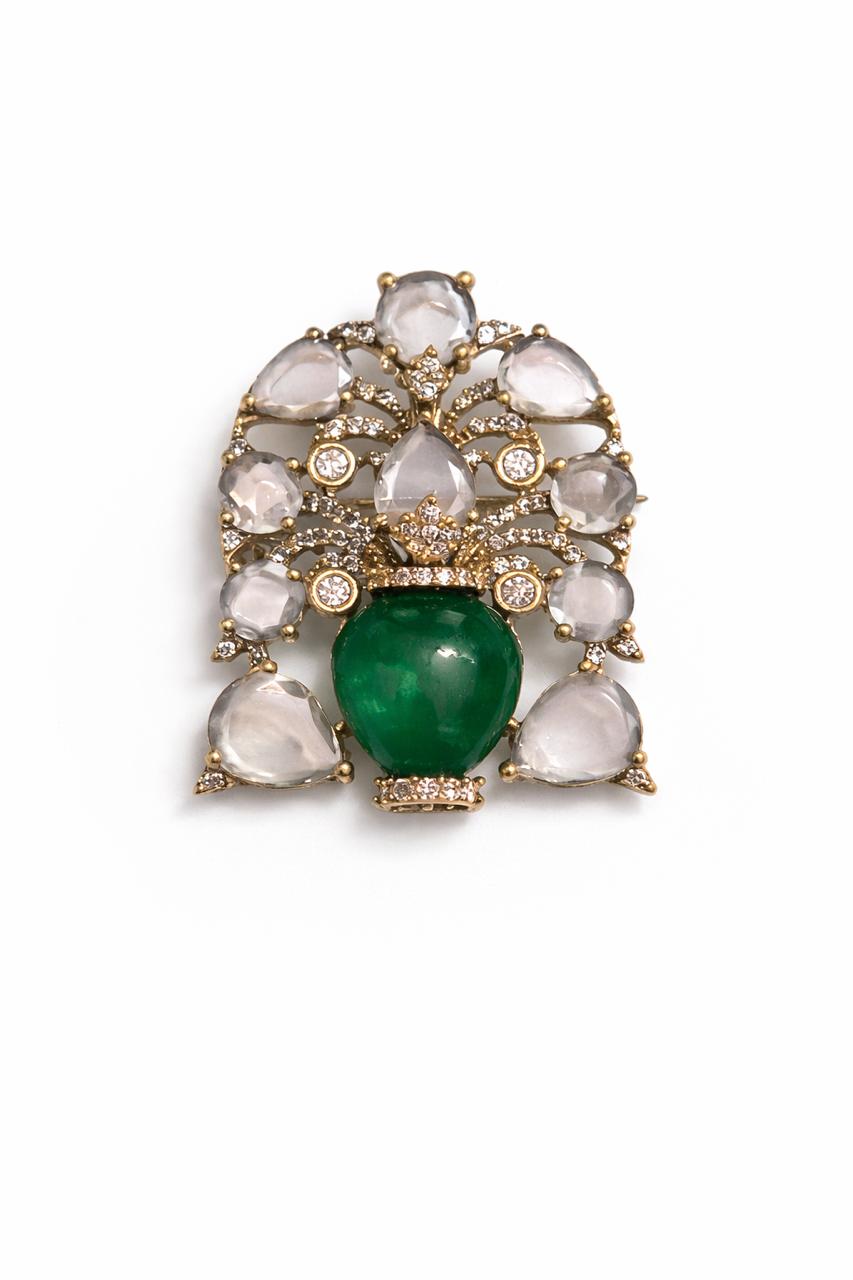 Diamond Polki Synthetic Emerald Gemstone Designer Brooch Unisex