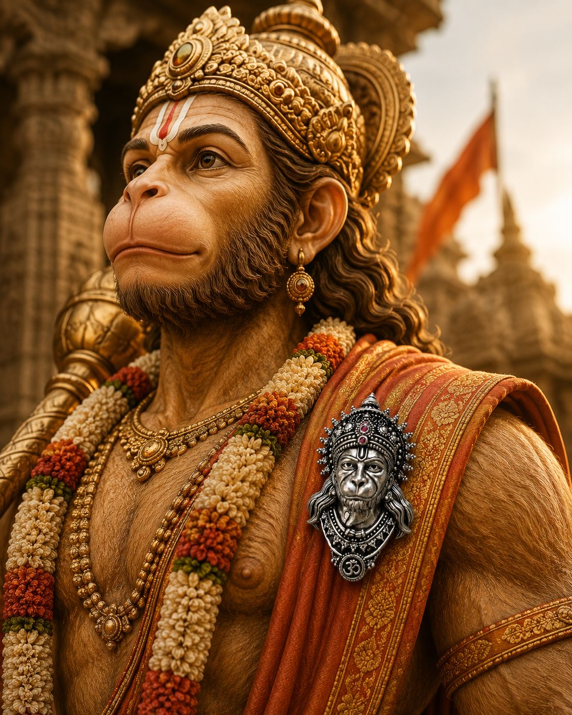 Antique Silver Plated Lord Hanuman Bajrang Bali Face Brooch