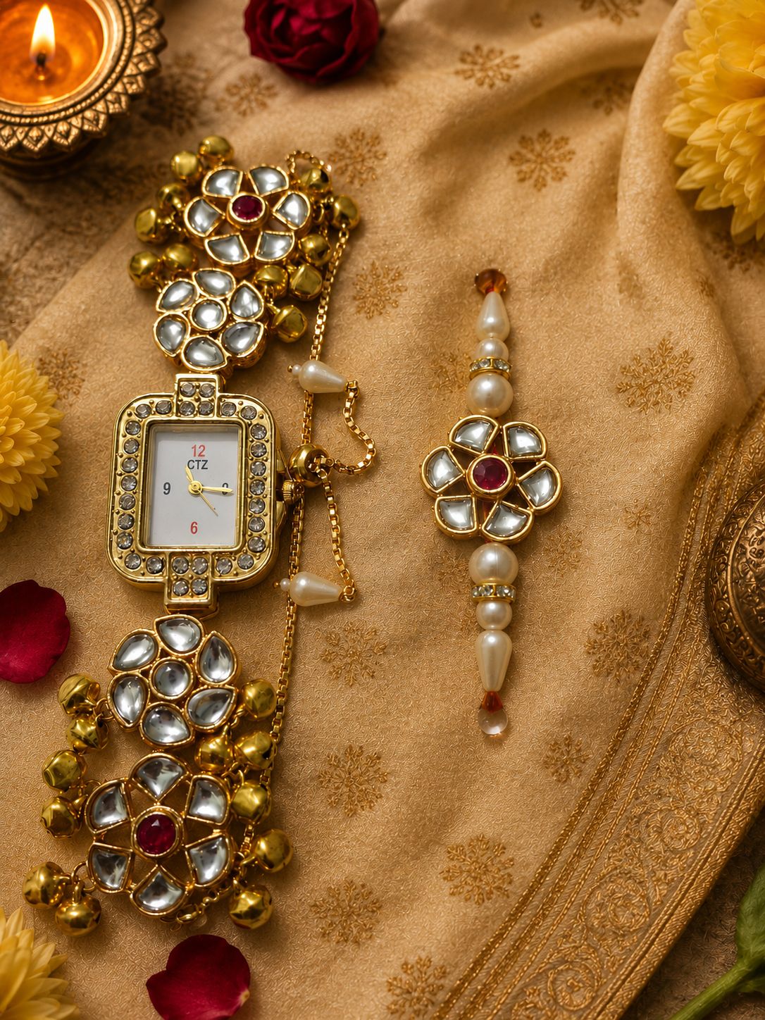 Kashmiri Traditional Watch with Kundan Rakhi Gold-Tone