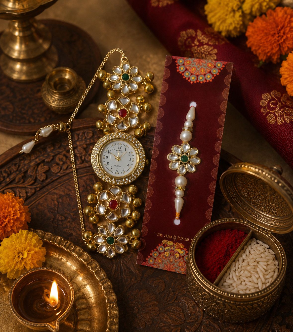 Kashmiri Bracelet Watch Gold-toned Lotus Pearl Rakhi
