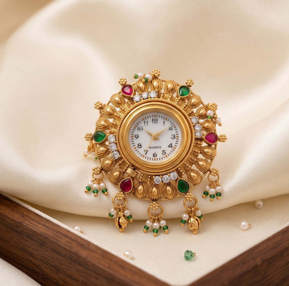 Ethnic Ruby Emerald Ghungroo Pearl Watch Ring
