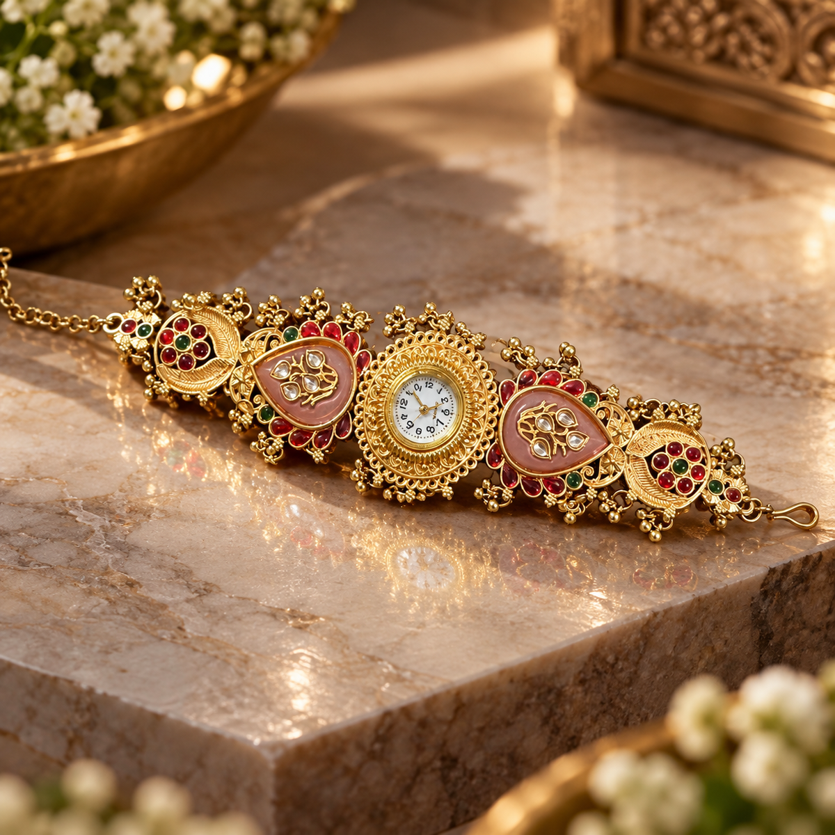Ethnic Heritage Designer Timepiece - Peach Kundan Pair