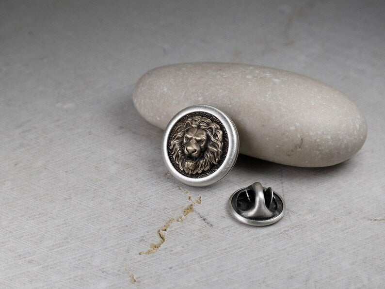 Round Lion Head Pin, Medieval Brooch, Lapel Badge, Gift for Him, Sterling Silver