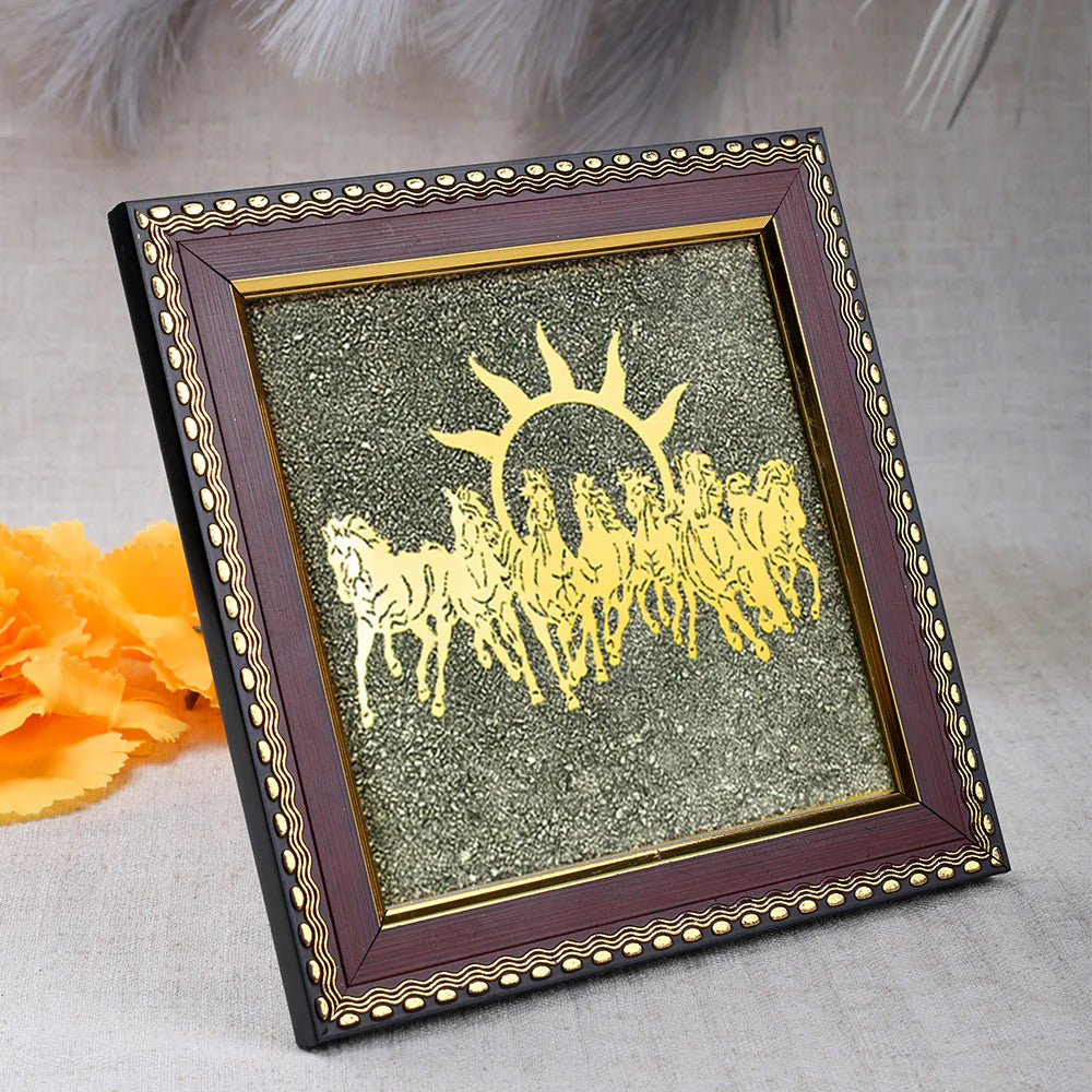 7 Horses on Raw Pyrite Frame Decorative Spiritual Piece