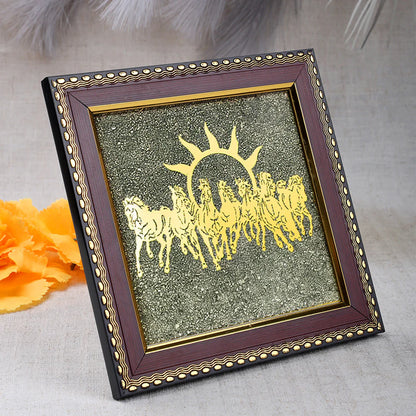 7 Horses on Raw Pyrite Frame Decorative Spiritual Piece