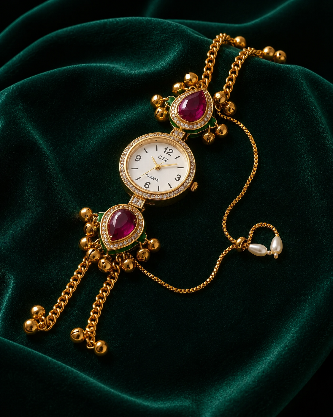 Ethnic Ruby Red Teardrop Ghungroo Jewellery Watch for Women