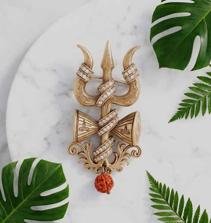 Crystal Trishul And Damru Crest Brooch