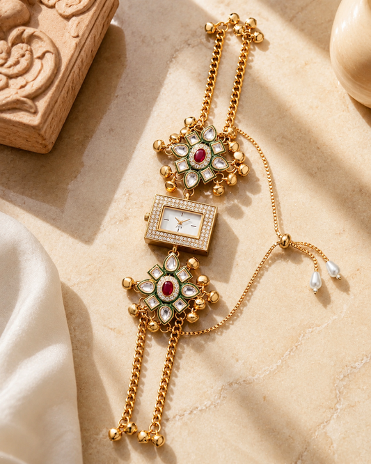 Ethnic Rectangular Ruby Green Kundan Ghungroo Watch for Women