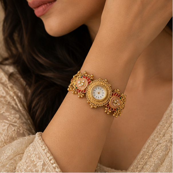 Ethnic Heritage Designer Timepiece - Peach Kundan Pair
