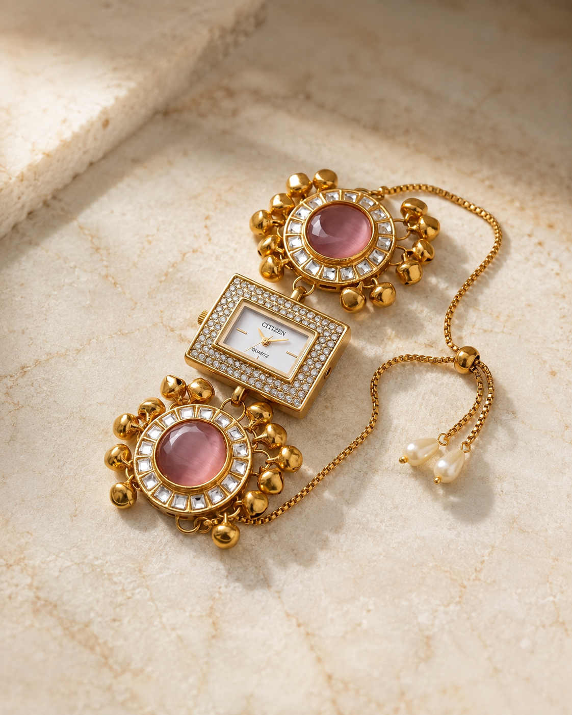 Ethnic Rectangular Pink Cat-Eye Ghungroo Jewellery Watch for Women