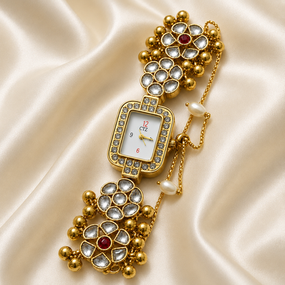 Gold-Tone Traditional Kashmiri Kundan Stonework Women’s Watch