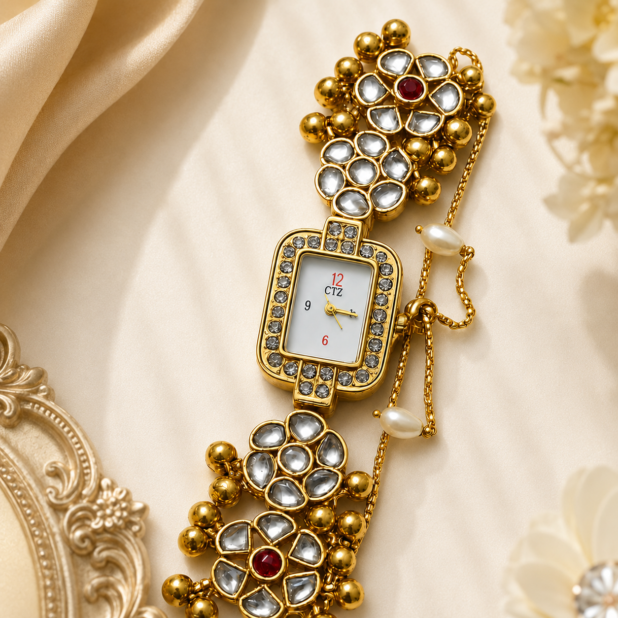 Gold-Tone Traditional Kashmiri Kundan Stonework Women’s Watch