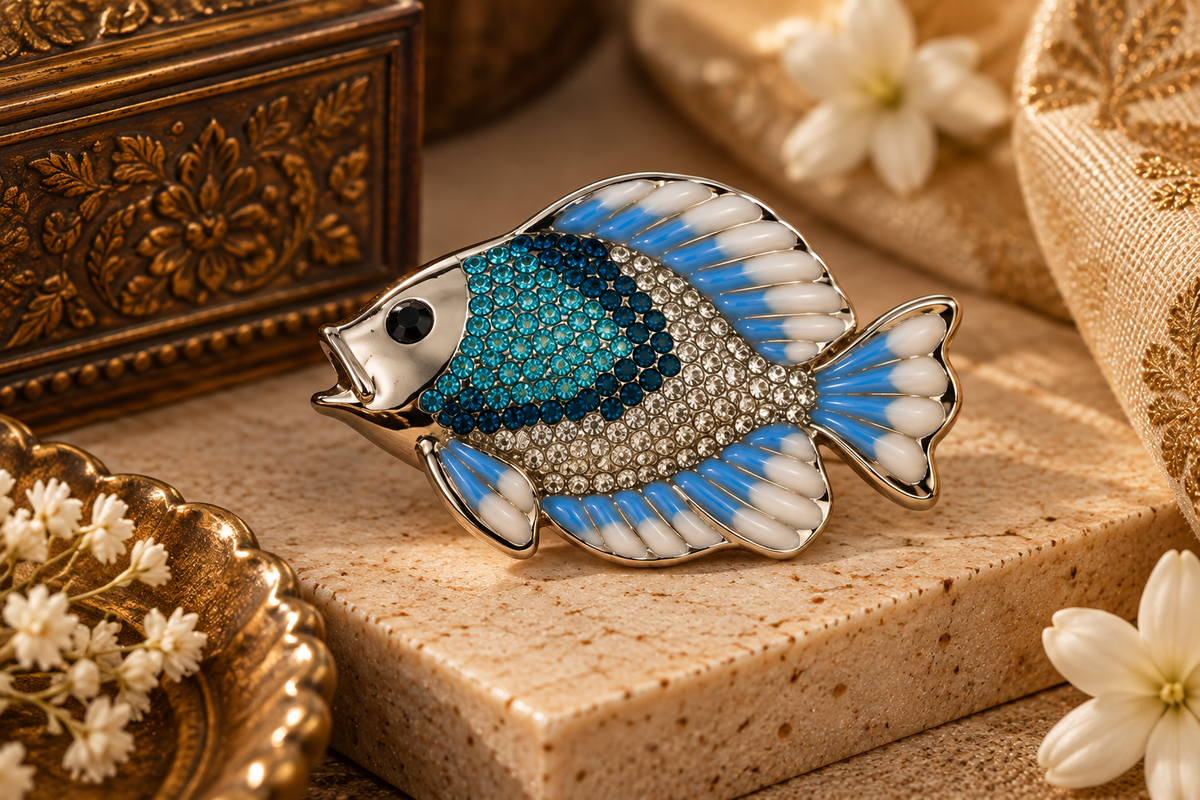 Blue Crystal Fish Brooch with Enamel Detailing