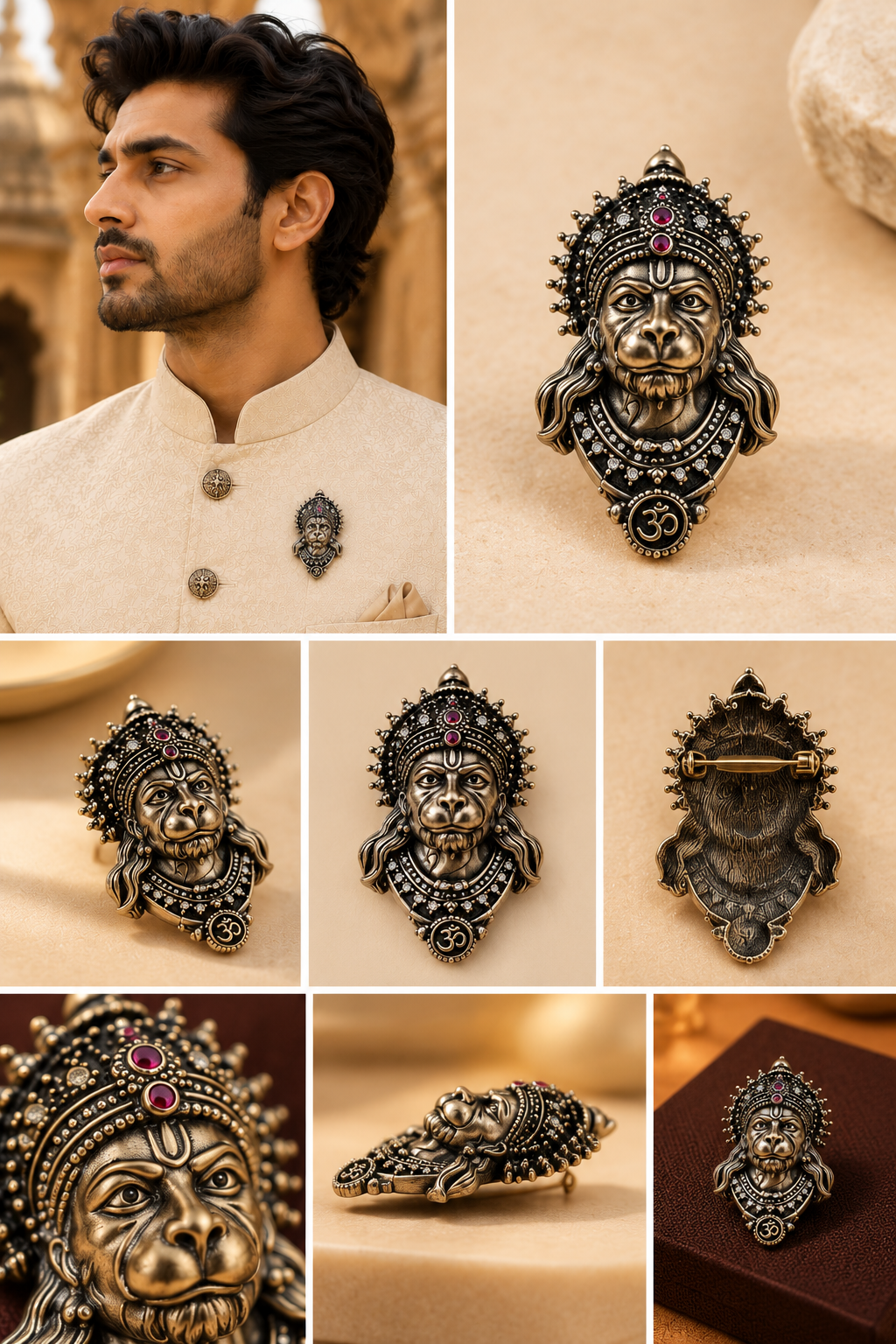 Antique Silver Plated Lord Hanuman Bajrang Bali Face Brooch