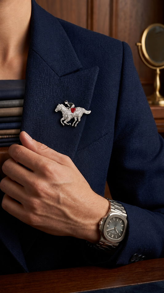 Horse Racer Diamonds Platinum Enamel Unisex Brooch