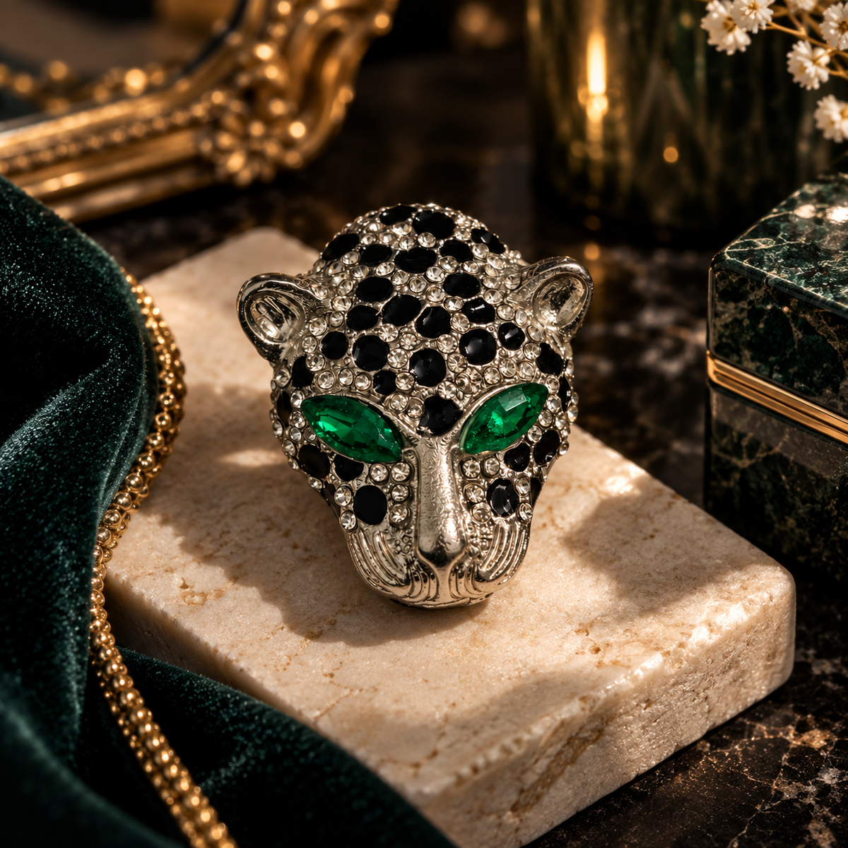 Emerald-Eyed Crystal Panther Brooch