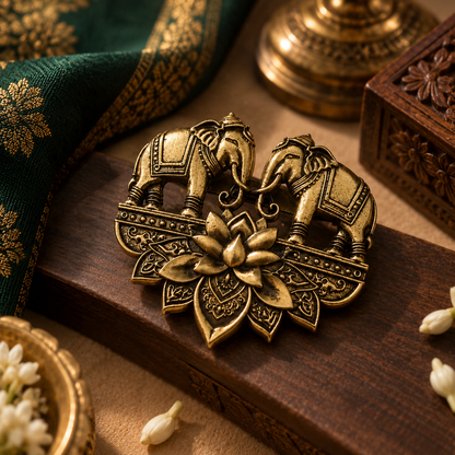 Antique Gold Double Elephant Lotus Brooch