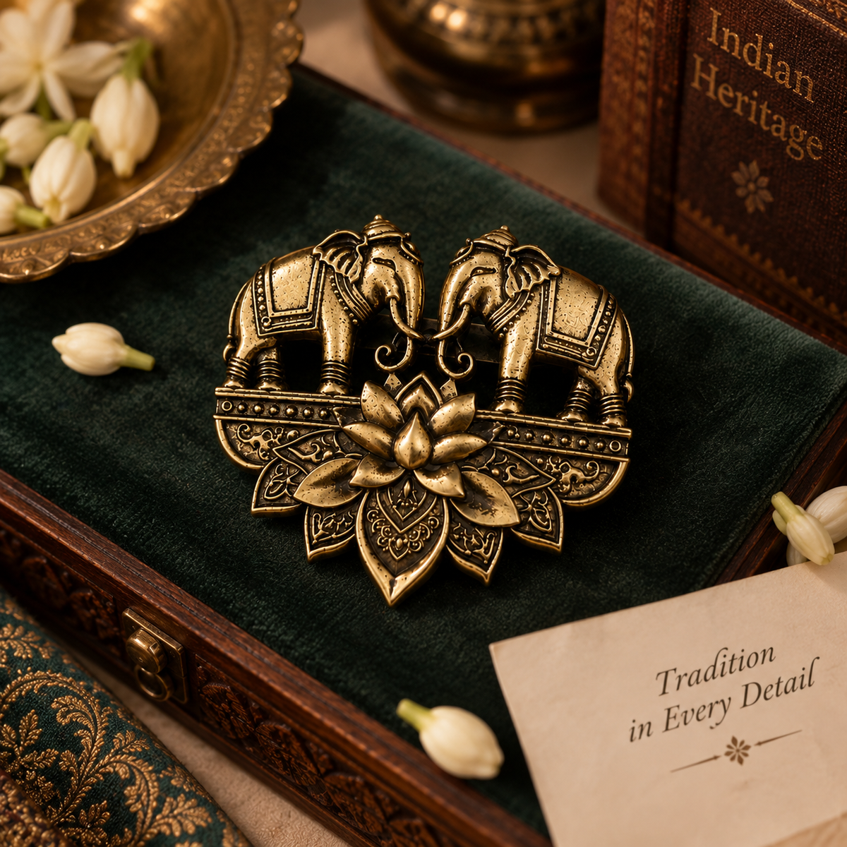 Antique Gold Double Elephant Lotus Brooch