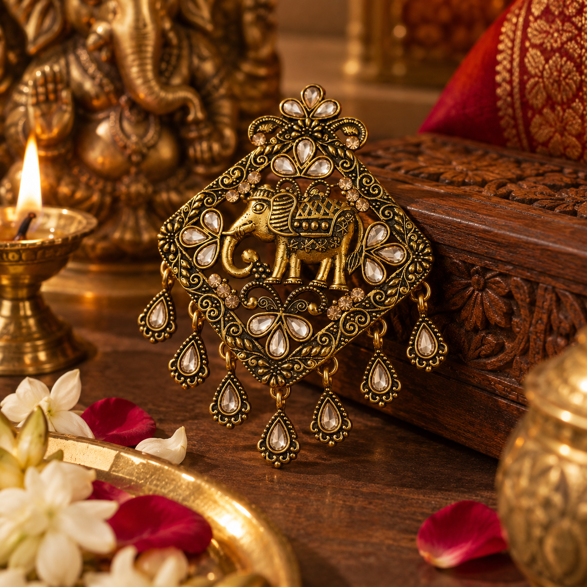 Antique Gold Royal Elephant Kundan Brooch with Dangling Charms