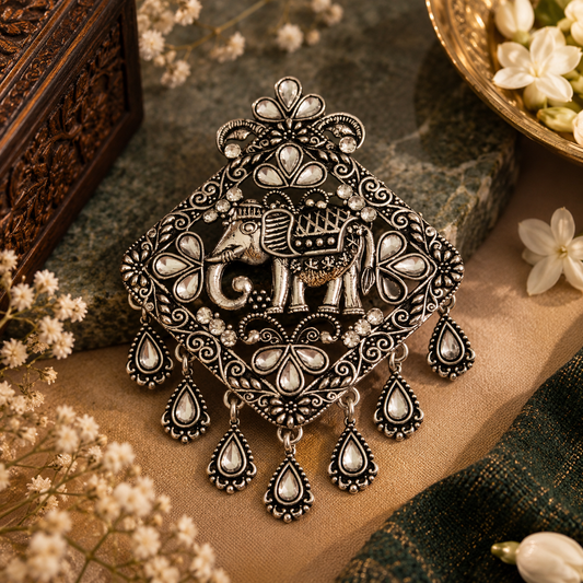 Oxidised Silver Royal Elephant Brooch with Teardrop Stones