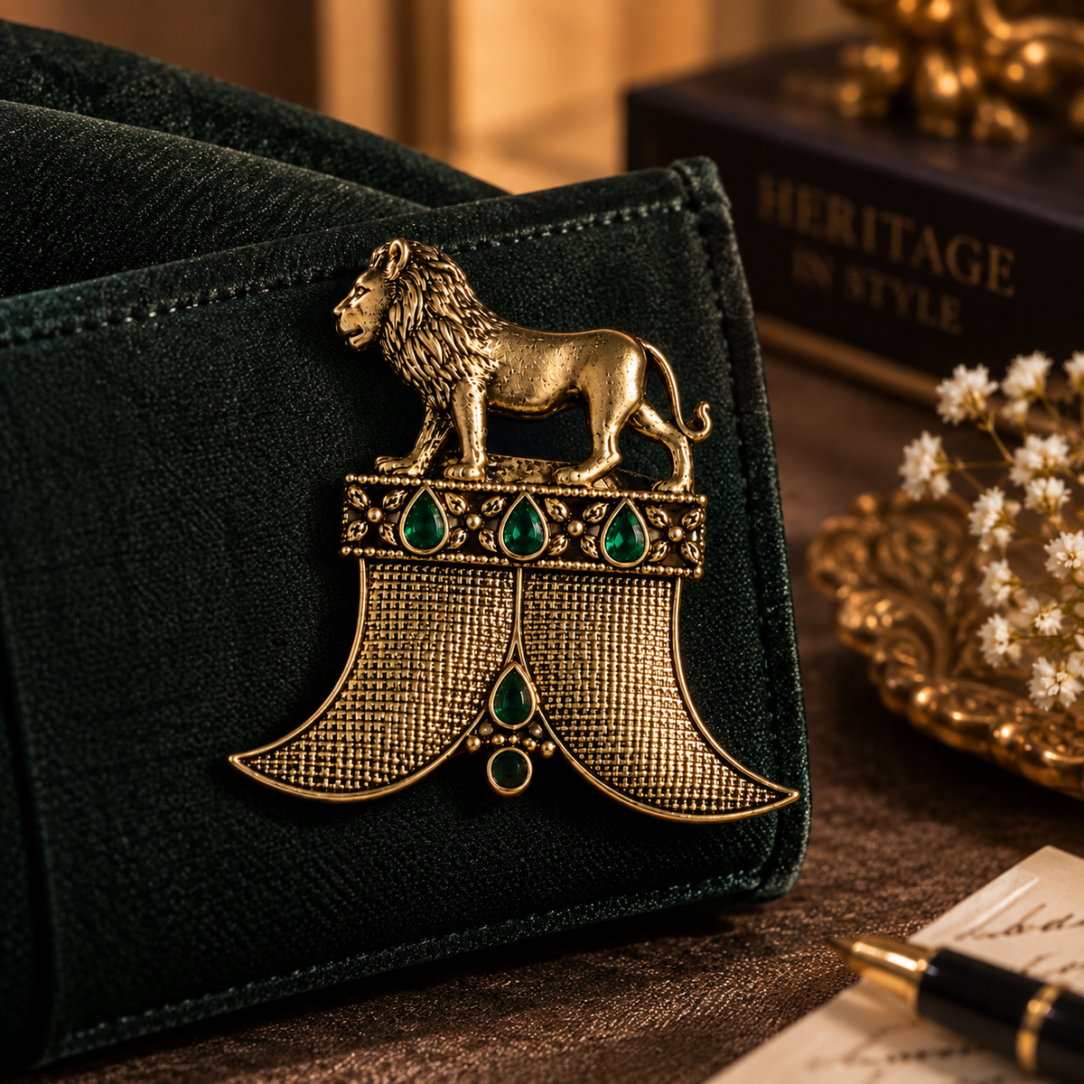 Antique Gold Royal Lion Brooch with Emerald Green Stones
