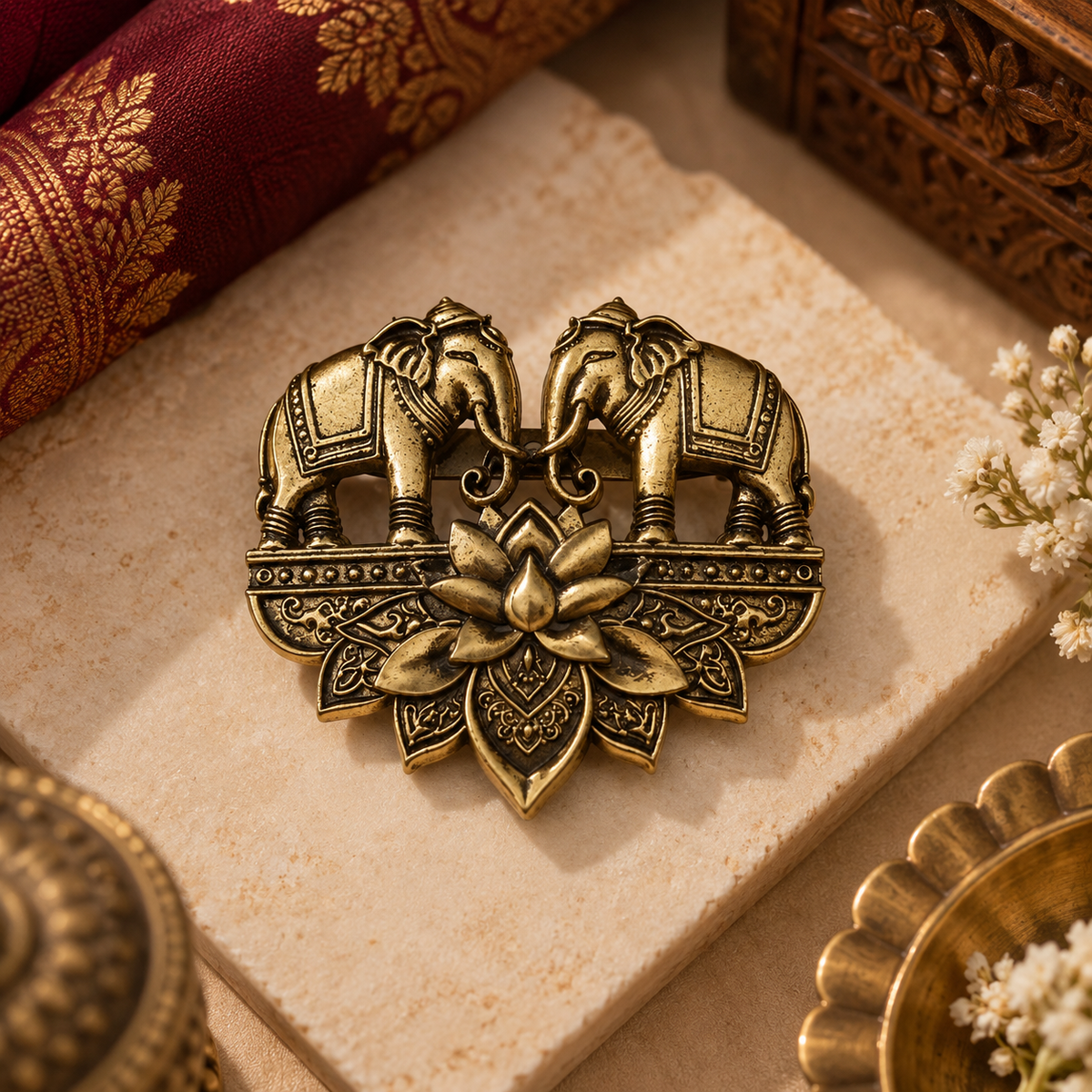 Antique Gold Double Elephant Lotus Brooch