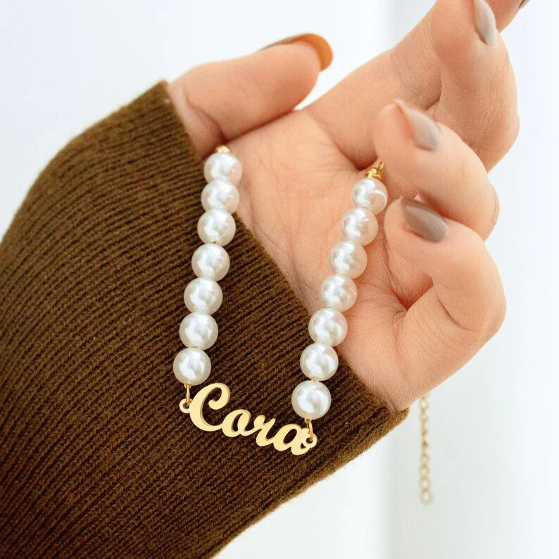 Custom Script Name and Natural Pearl Bracelet