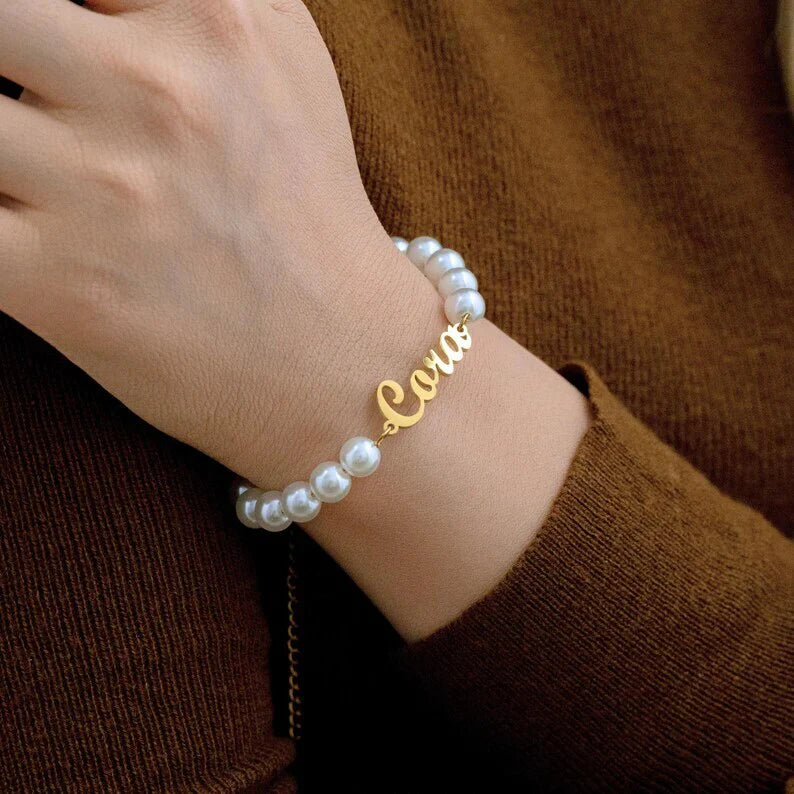 Custom Script Name and Natural Pearl Bracelet