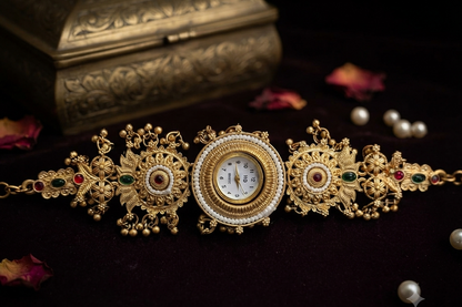 Floral Gold Temple Watch with Ruby-Emerald Stones & Pearl Detailing
