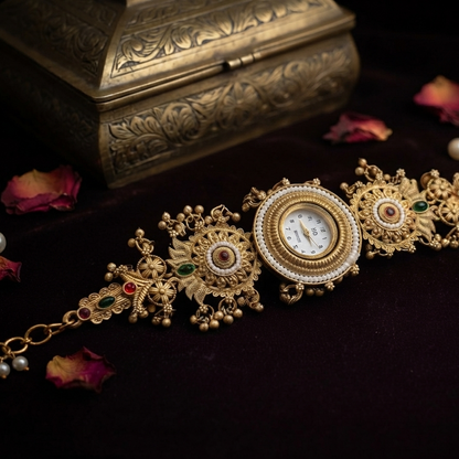Floral Gold Temple Watch with Ruby-Emerald Stones & Pearl Detailing