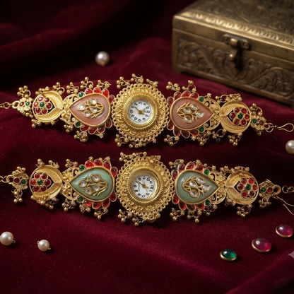Ethnic Heritage Designer Timepiece - Mint & Peach Kundan Pair