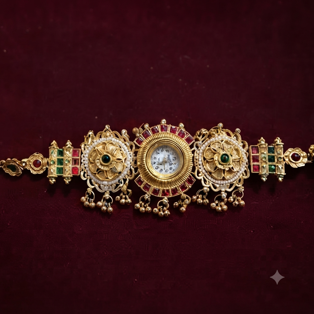 Ethnic Gold Temple Watch with Ruby & Emerald Stones