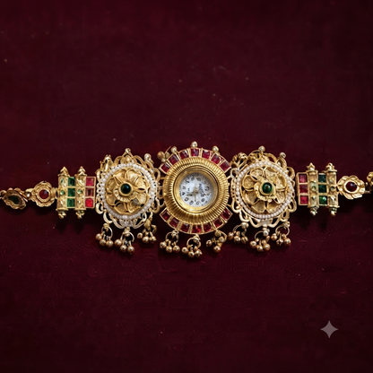 Ethnic Gold Temple Watch with Ruby & Emerald Stones