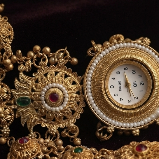 Floral Gold Temple Watch with Ruby-Emerald Stones & Pearl Detailing