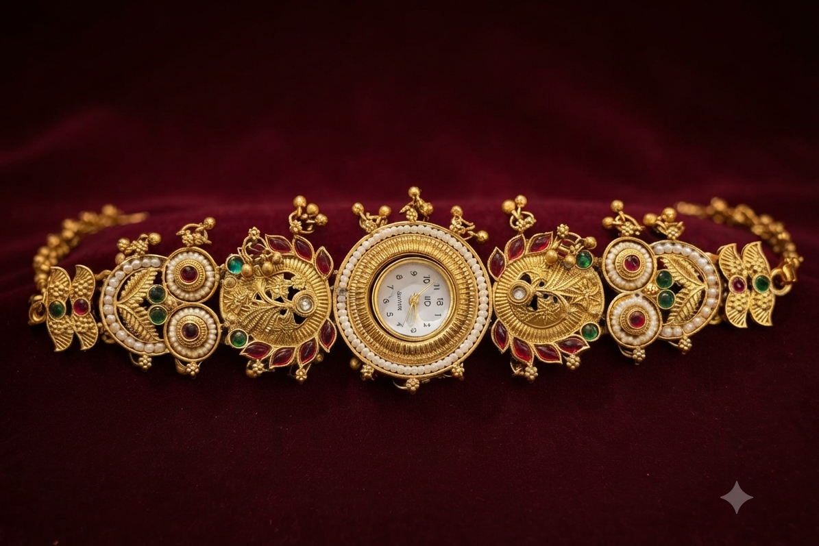 Gold Temple Watch with Owl Motifs & Gemstone Accents