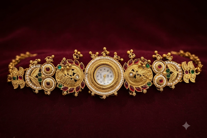 Gold Temple Watch with Owl Motifs & Gemstone Accents