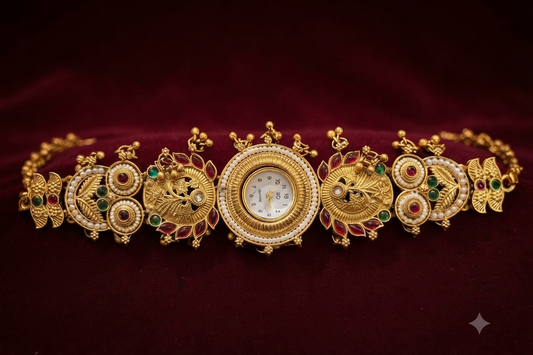 Gold Temple Watch with Owl Motifs & Gemstone Accents