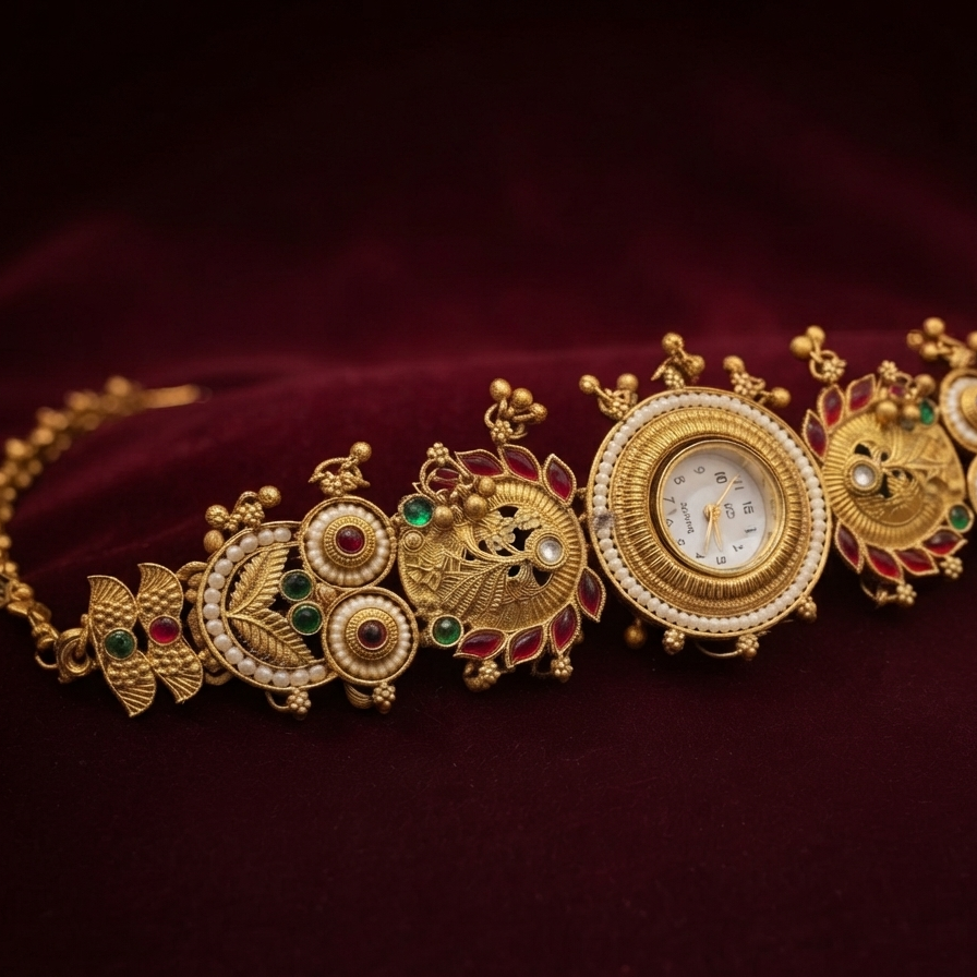 Gold Temple Watch with Owl Motifs & Gemstone Accents