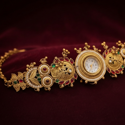 Gold Temple Watch with Owl Motifs & Gemstone Accents