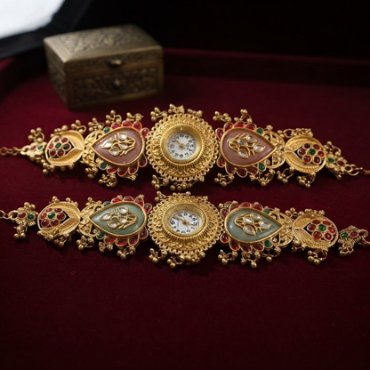 Ethnic Heritage Designer Timepiece - Mint & Peach Kundan Pair