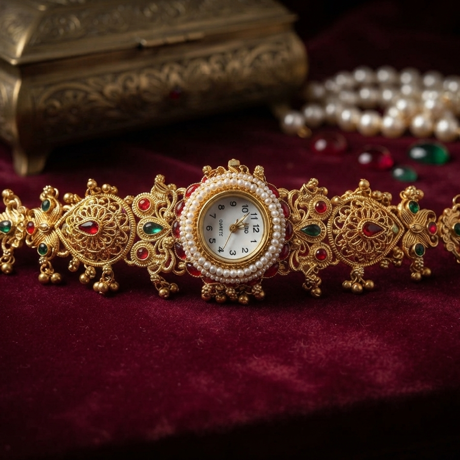 Gold Temple Watch with Kundan Work, Pearls, and Ruby-Emerald Accents