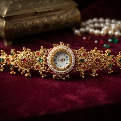 Gold Temple Watch with Kundan Work, Pearls, and Ruby-Emerald Accents