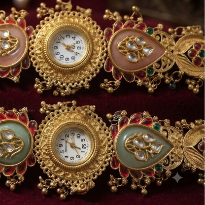 Ethnic Heritage Designer Timepiece - Mint & Peach Kundan Pair