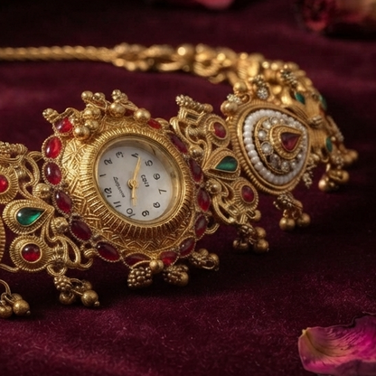 Gold Temple Watch with Kundan Work, Pearls, and Ruby-Emerald Accents