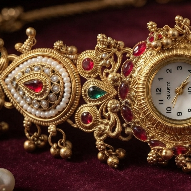 Gold Temple Watch with Kundan Work, Pearls, and Ruby-Emerald Accents